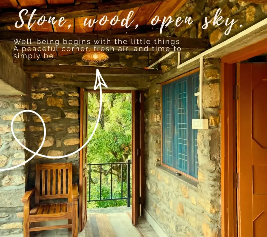 Stone walls that remember the mountains. A verandah that asks you to sit a little longer._This is what a slow morning looks like at a Himalayan retreat_ s_4